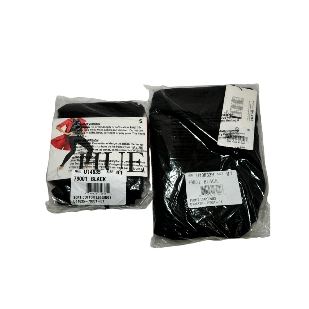 2 pair HUE Soft Cotton Leggings Women's S Black Ponte U13833H & Soft U14635
